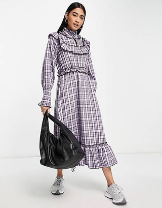 Y.A.S + Check Dress With Collar Detail and Frill Hem in Purple