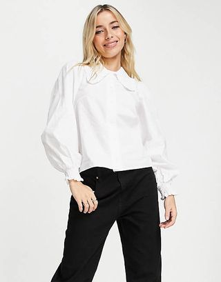 Miss Selfridge + Collared Frill Shirt in Ivory