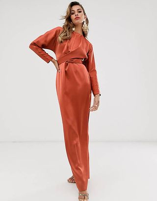 ASOS Design + Satin Maxi Dress With Batwing Sleeve and Wrap Waist in Rust