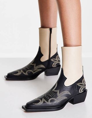 Topshop + Ariel Premium Leather Stitched Western Boots in White
