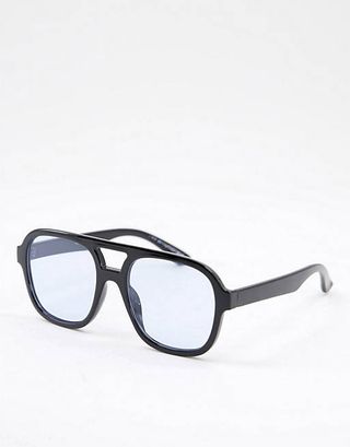 ASOS Design + Recycled Frame Aviator Sunglasses With Blue Lens in Black