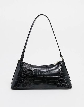 ASOS Design + Black Croc Effect Shoulder Bag With Hardware Tabs