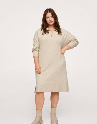 Mango + Half Zip Collar Sweater Dress in Ecru