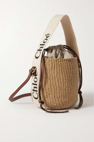 Chloé + Woody Small Leather-Trimmed Raffia Basket Bag
