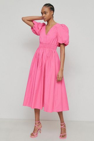 Warehouse + Cotton Poplin V-Neck Puff Sleeve Midi Dress