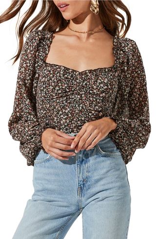 Astr the Label + Floral Ruched Sweetheart Neck Top