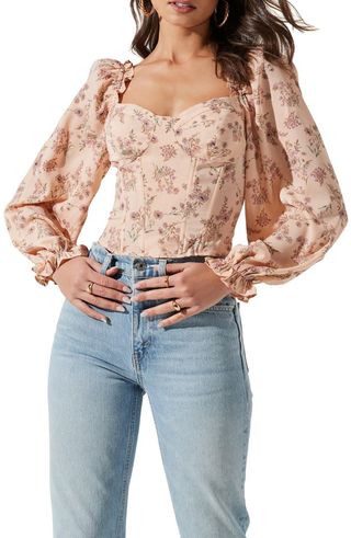 Astr the Label + Floral Print Long Sleeve Crop Corset Top