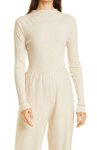 Vince + Variegated Rib Long Sleeve Cotton Blend Knit Top
