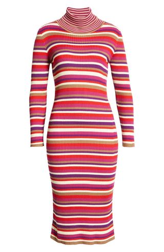 Lisa Says Gah + Virgine Stripe Long Sleeve Ribbed Turtleneck Midi Dress