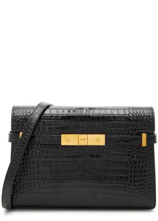 Saint Laurent + Manhattan Medium Crocodile-Effect Leather Shoulder Bag