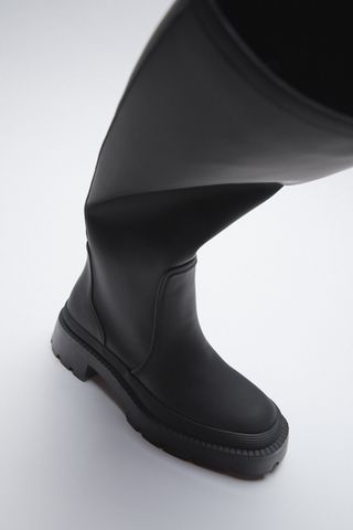 Zara + Flat Rubberized Knee High Boots
