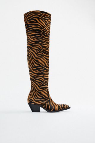 Zara + Over the Knee Animal Print Cowboy Boots