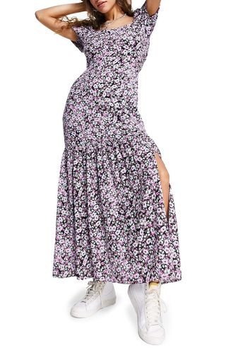 Topshop + Floral Print Puff Sleeve Maxi Dress
