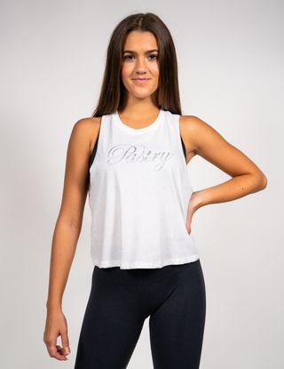 Pastry + Cropped Racerback Tank Top, Solid White With Silver Logo