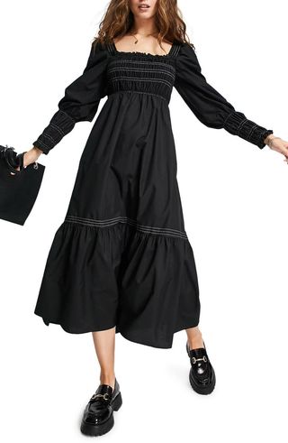 Topshop + Smocked Long Sleeve Midi Dress