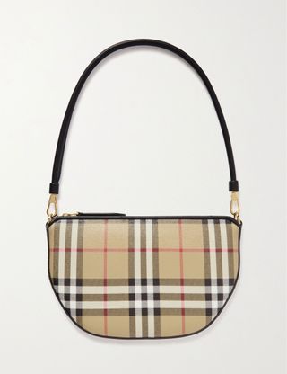 Burberry + Leather-Trimmed Checked Canvas Shoulder Bag