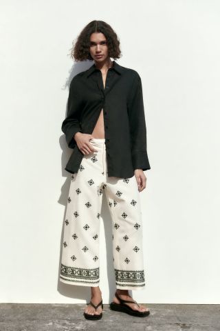 Zara + Linen Blend Printed Pants