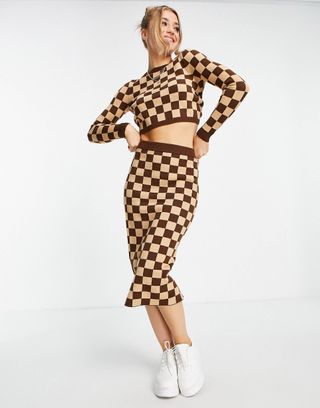 Miss Selfridge + Camel Checkerboard Midi Skirt Set