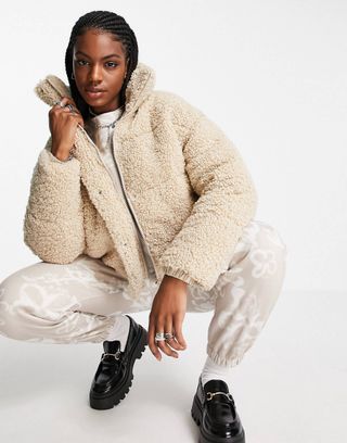 Topshop + Sherpa Mid Length Puffer Jacket in Cream