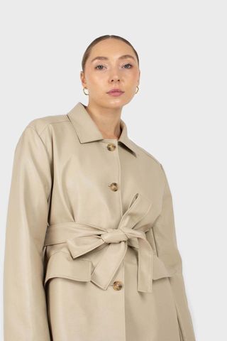 Glassworks + Light Beige Vegan Leather Belted Jacket