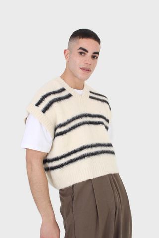 Glassworks + Ivory and Black Striped Wool Blend Sweater Vest