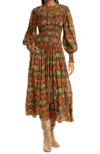 Ulla Johnson + Metallic Floral Long Sleeve Cotton Blend Midi Dress