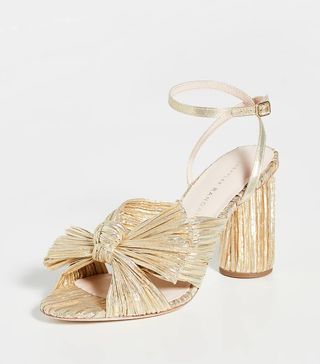 Loeffler Randall + Camellia Gold Pleated Bow Heel with Ankle Strap