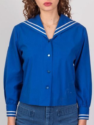 Vintage + 80s Nautical Sailor Collar Cropped Blouse
