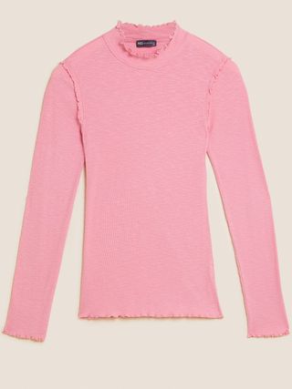M&S Collection + Pure Cotton Ribbed Frill Detail Top