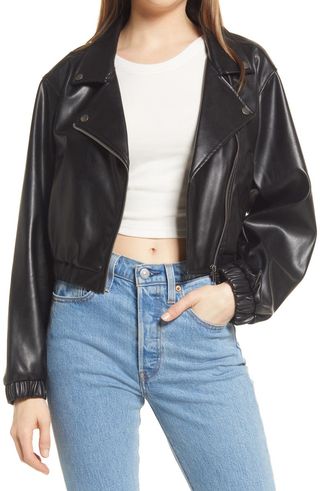 Open Edit + Faux Leather Bomber Jacket