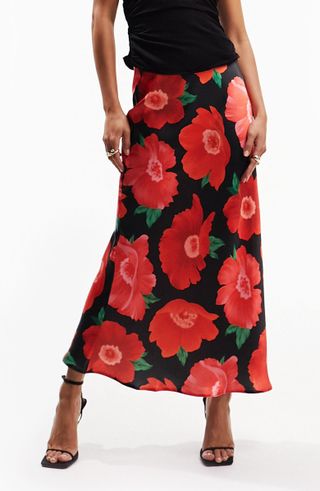 ASOS Design + Floral Bias Cut Satin Skirt