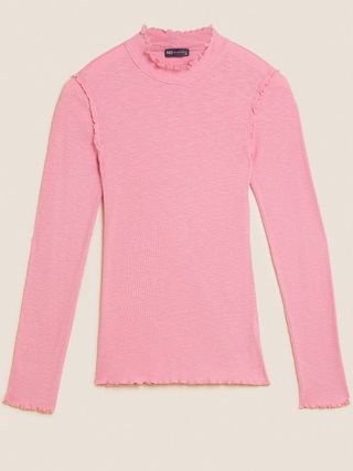 M&S + Pure Cotton Ribbed Frill Detail Top