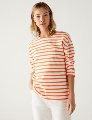 M&S Collection + Pure Cotton Striped Crew Neck Top