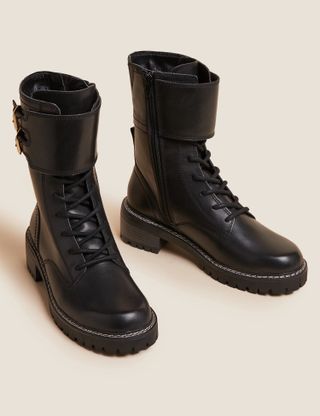 M&S Collection + Leather Biker Lace Up Cleated Flat Boots