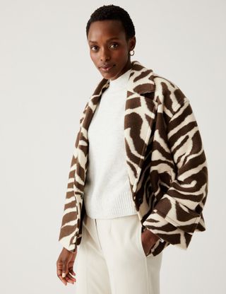 M&S Collection + Brushed Zebra Print Relaxed Short Coat