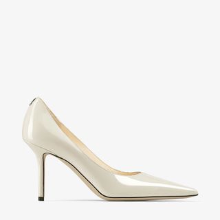 Jimmy Choo + Latte Patent Leather Pumps with JC Emblem