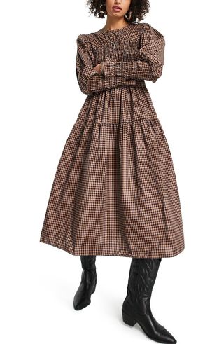 Topshop + Check Tiered Long Sleeve Midi Dress