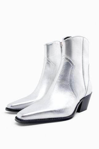 Zara + Metallic Leather Cowboy Ankle Boots