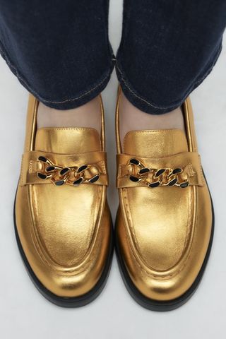 Zara + Chain Trim Metallic Loafers
