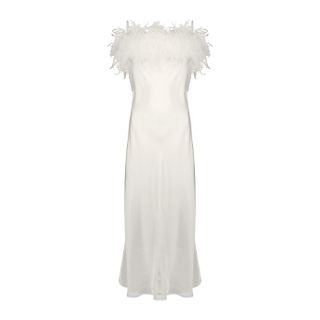 Sleeper + Boheme White Feather-Trimmed Satin Midi Dress