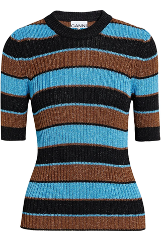 Ganni + Ribbed Striped Metallic Crochet-Knit Top