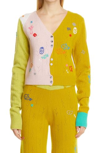 Yanyan + Curious Embroidered Colorblock Lambswool Cardigan
