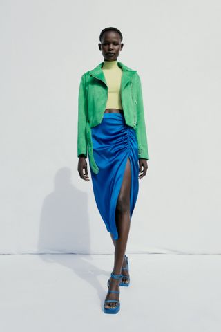 Zara + Satin Effect Ruched Skirt
