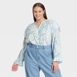 Who What Wear + Ruffle Long Sleeve Blouse Blue Zebra