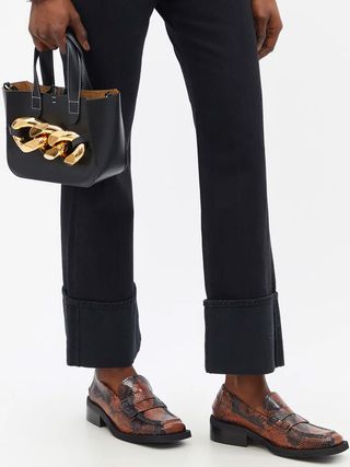 Ganni + Square-Toe Snake-Effect Leather Penny Loafers