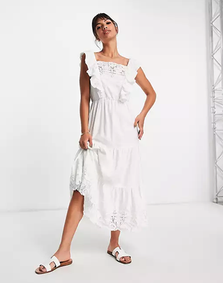 River Island + Ruffle Lace Tiered Midi Dress in White