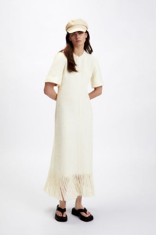 Zara + Textured Weave Dress With Fringe