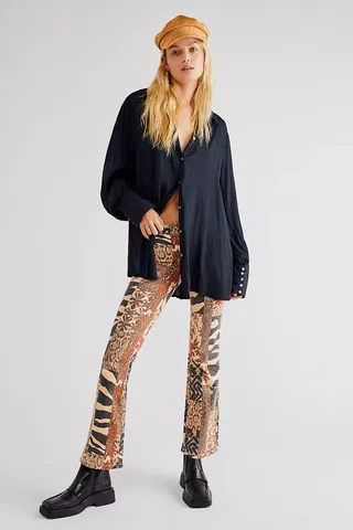 Free People + Jett Low-Rise Printed Flare Jeans