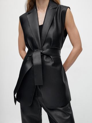 Massimo Dutti + Black Nappa Leather Blazer-Style Gilet