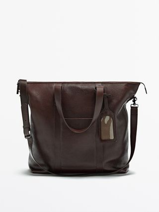 Massimo Dutti + Aged Effect Brown Leather Tote Bag
